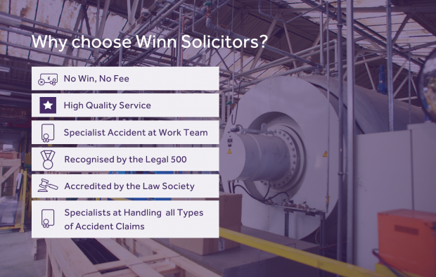 An image outlining the reasons to choose Winn Solicitors with icons: No win, no fee, High quality service, Specialist accident at work team, recognised by the Legal 500, accredited by the Law Society, Specialists at handling all types of accident claims