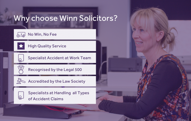 An image outlining the reasons to choose Winn Solicitors with icons: No win, no fee, High quality service, Specialist accident at work team, recognised by the Legal 500, accredited by the Law Society, Specialists at handling all types of accident claims