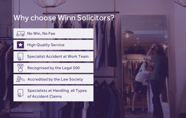 An image outlining the reasons to choose Winn Solicitors with icons: No win, no fee, High quality service, Specialist accident at work team, recognised by the Legal 500, accredited by the Law Society, Specialists at handling all types of accident claims