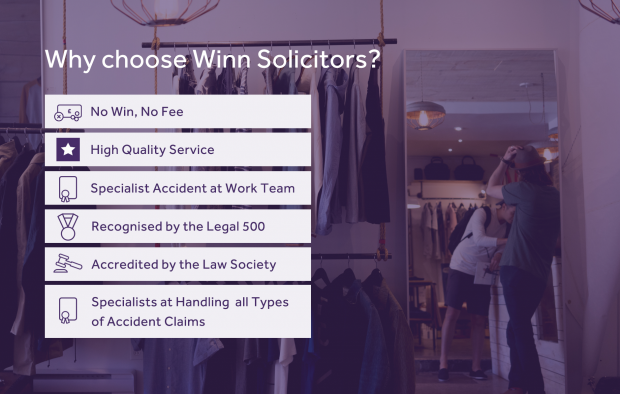 An image outlining the reasons to choose Winn Solicitors with icons: No win, no fee, High quality service, Specialist accident at work team, recognised by the Legal 500, accredited by the Law Society, Specialists at handling all types of accident claims