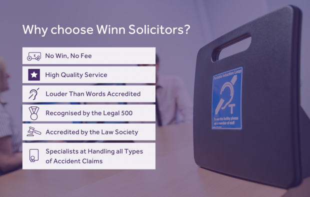 An image outlining the reasons to choose Winn Solicitors with icons: No win, no fee, High quality service, Louder than words accredited, recognised by the Legal 500, accredited by the Law Society, Specialists at handling all types of accident claims
