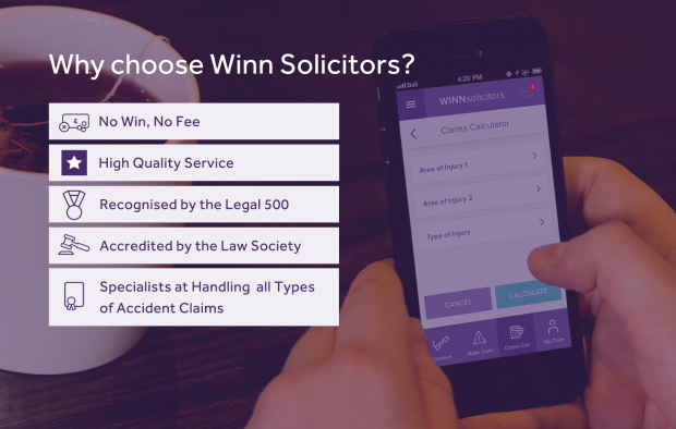 An image outlining the reasons to choose Winn Solicitors with icons: No win, no fee, High quality service, recognised by the Legal 500, accredited by the Law Society, Specialists at handling all types of accident claims