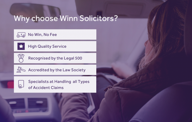 An image outlining the reasons to choose Winn Solicitors with icons: No win, no fee, High quality service, recognised by the Legal 500, accredited by the Law Society, Specialists at handling all types of accident claims
