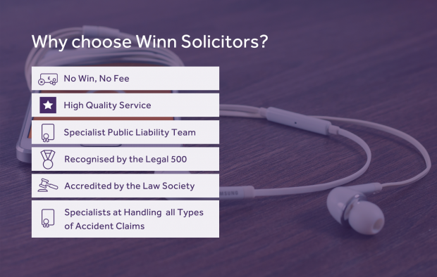 An image outlining the reasons to choose Winn Solicitors with icons: No win, no fee, No excess to pay, No up-front costs, Expert medical assessment, Specialists at handling all types of accident claims