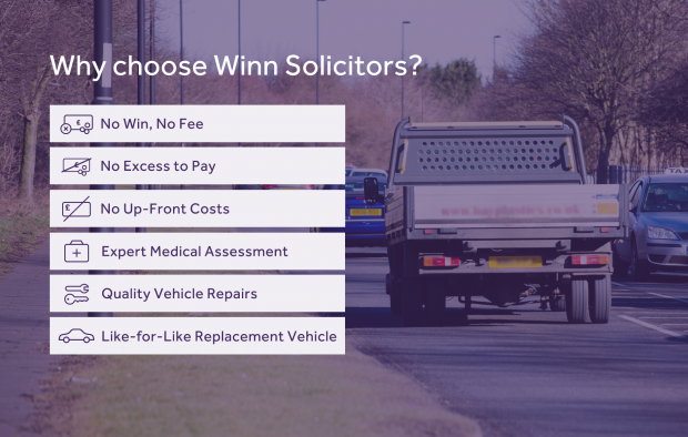 An image outlining the reasons to choose Winn Solicitors with icons: No win, no fee, No excess to pay, No up-front costs, Expert medical assessment, Quality vehicle repairs, Like-for-like replacement vehicle