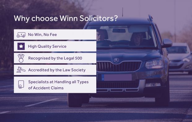 An image outlining the reasons to choose Winn Solicitors with icons: No win, no fee, No excess to pay, No up-front costs, Expert medical assessment, Specialists at handling all types of accident claims