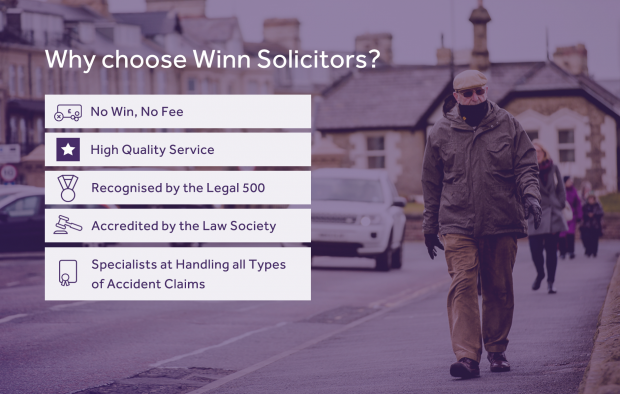 An image outlining the reasons to choose Winn Solicitors with icons: No win, no fee, No excess to pay, No up-front costs, Expert medical assessment, Specialists at handlign all types of accident claims