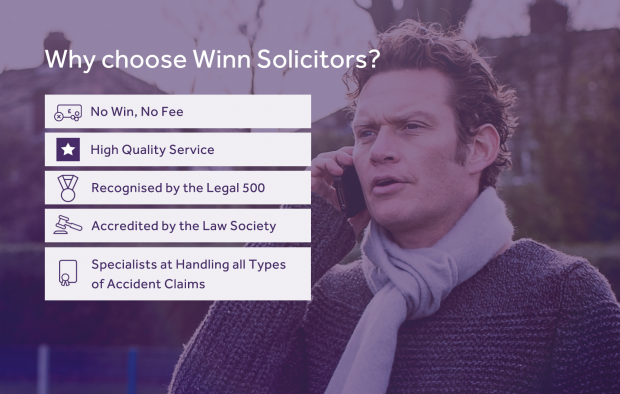 An image outlining the reasons to choose Winn Solicitors with icons: No win, no fee, High quality service, Recognised by the Legal 500, accredited by the Law Society, Specialists at handling all types of accident claims