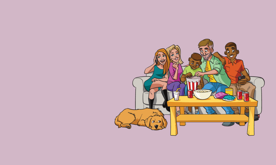 Illustration of family on sofa