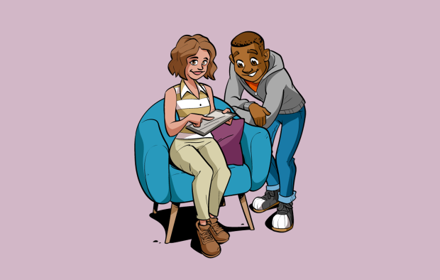 Illustration woman sitting in chair with man