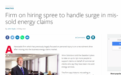 Law Gazette Article: Firm on hiring spree to handle surge in mis-sold energy claims 