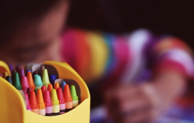 Crayons on a school desk