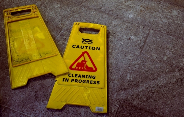 Wet floor signs on the floor